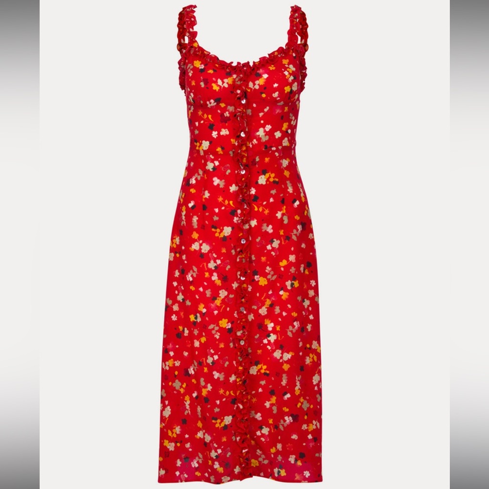Realisation Par Red Floral Ruffle Strap Midi Dress